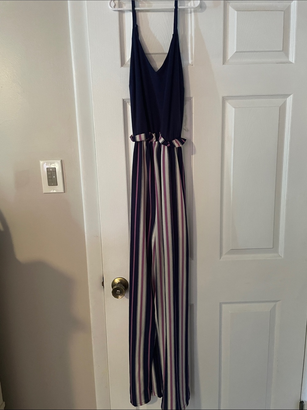 Francesca's Collections Navy Bodice Striped Wide-Leg Jumpsuit
